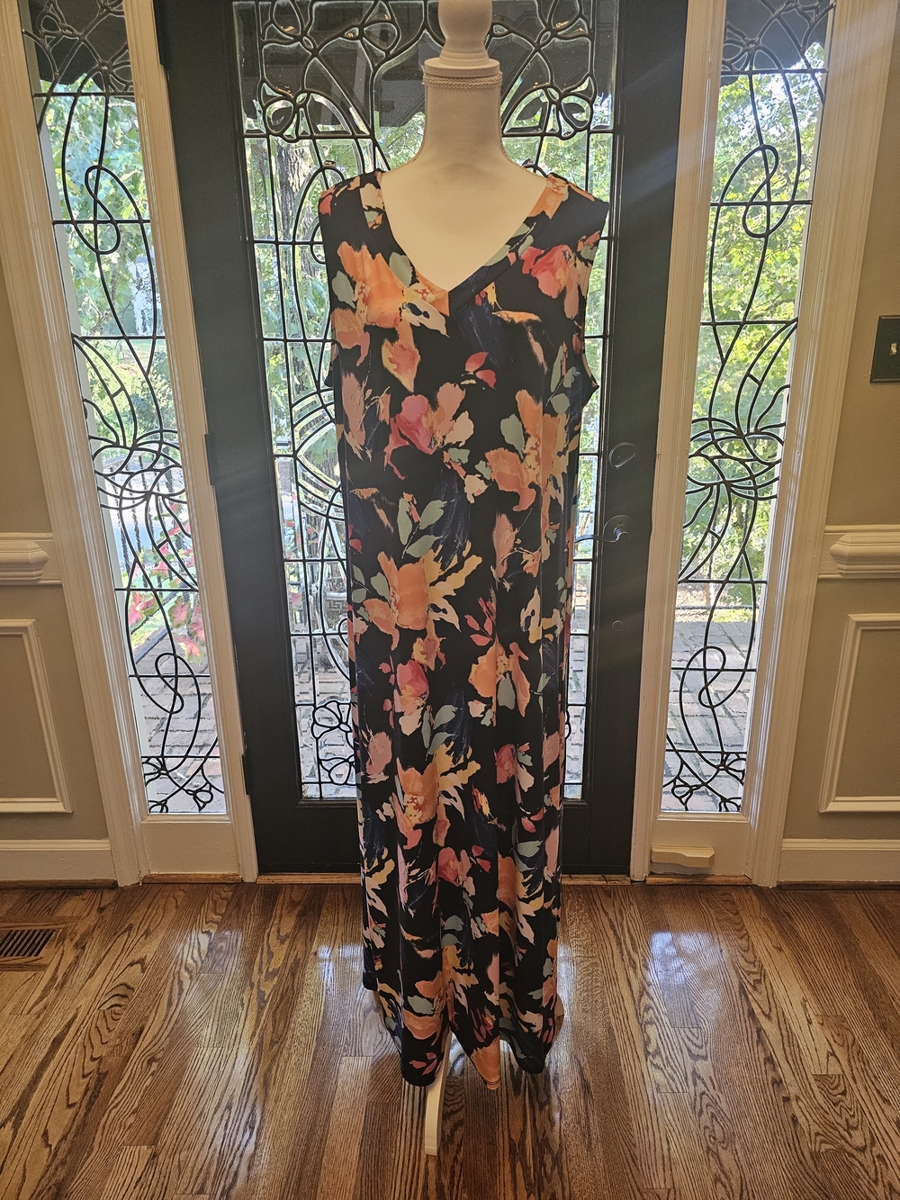 Chico's Navy Floral Maxi Dress with Pink and Orange Blooms